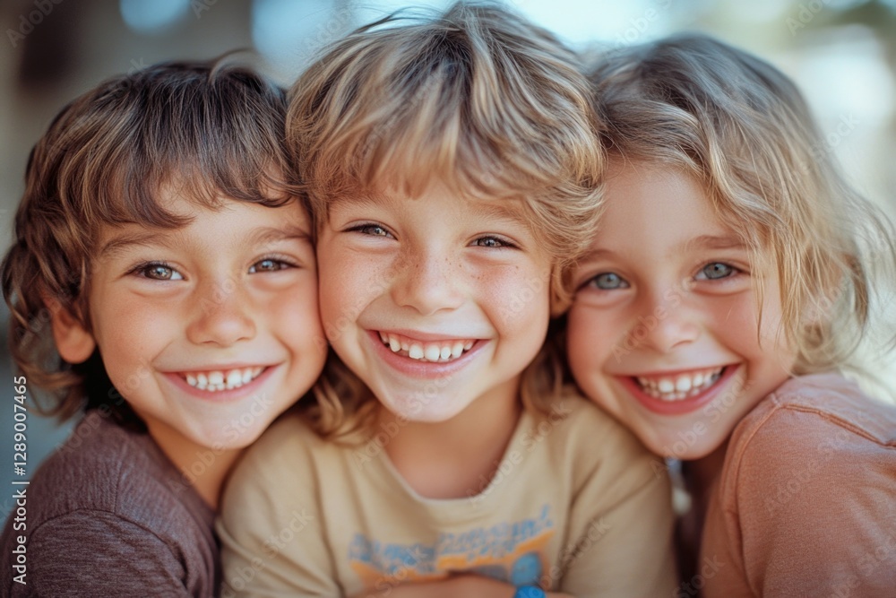Three young children smiling and posing together for a picture Three young children smiling and posing together for a picture
