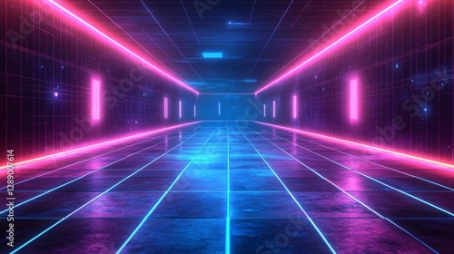 Wallpaper Mural A 3D retro-futuristic abstract background in aqua blue and green, featuring wireframe neon laser swirls, grid cubes, and square tunnel lines with stars. This Retroway synthwave design is perfect for Torontodigital.ca