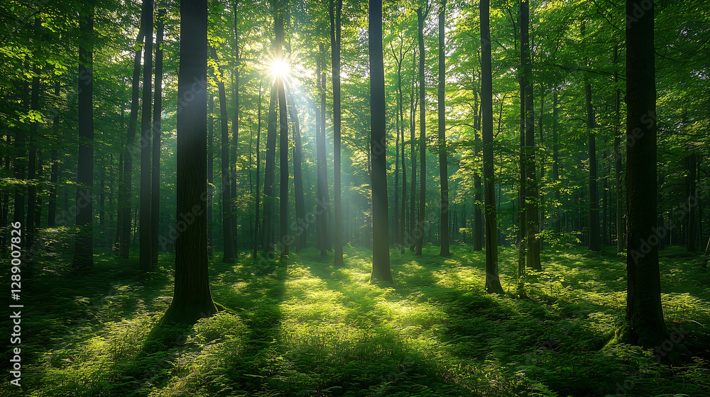 Fototapeta premium Enchanting Green Forest with Sun Rays - Lush Woodland Nature Scene, nature photography, environmental awareness campaigns, eco-tourism promotions, mindfulness content, wellness blogs, 