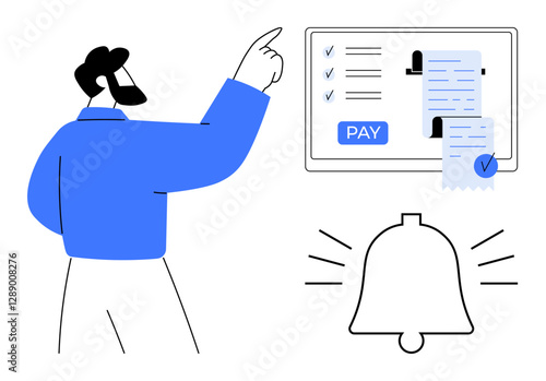 Man pointing at digital payment screen with detailed checklist and receipt, confirming transactions. Bell notification indicates pending alerts. Ideal for finance, payments, notifications