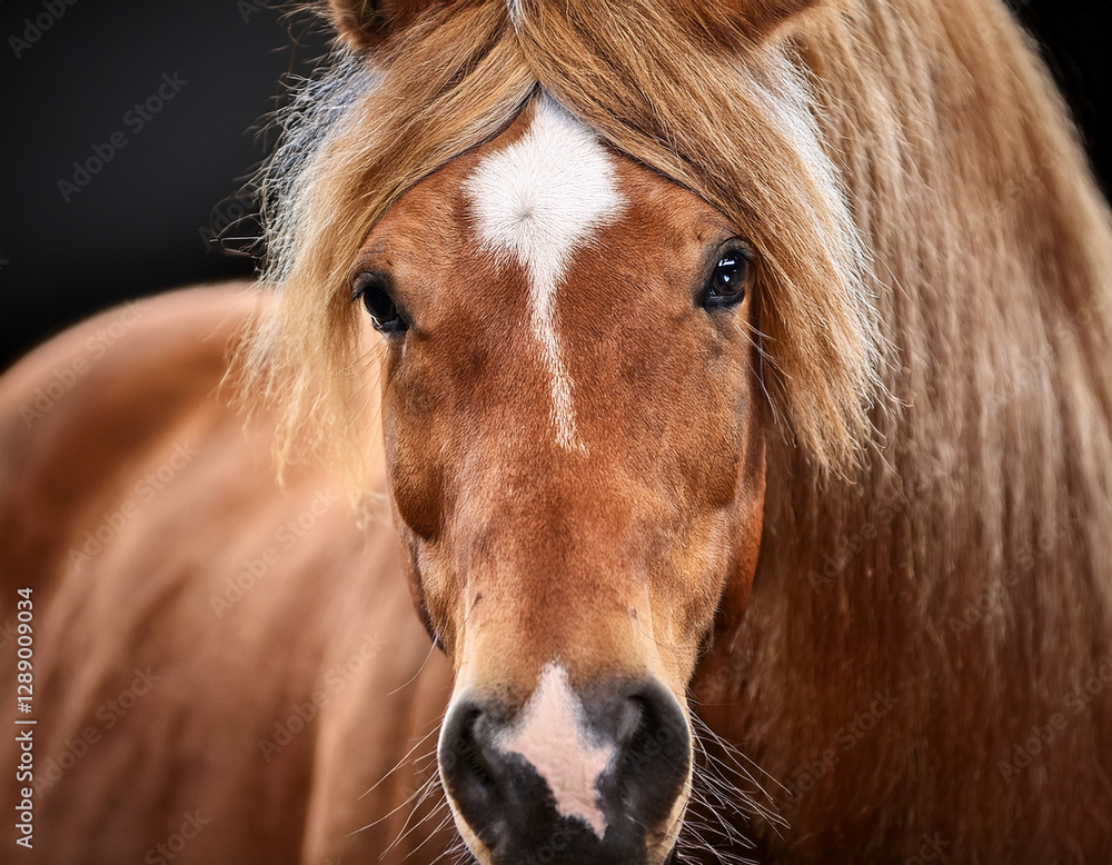 Obraz premium Close-up portrait of a horse with a flowing mane, showcasing its expressive eyes and strong jawline.
