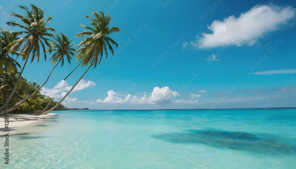Beautiful tropical beach scene with palm trees and tranquil waters Beautiful tropical beach scene with palm trees and tranquil waters