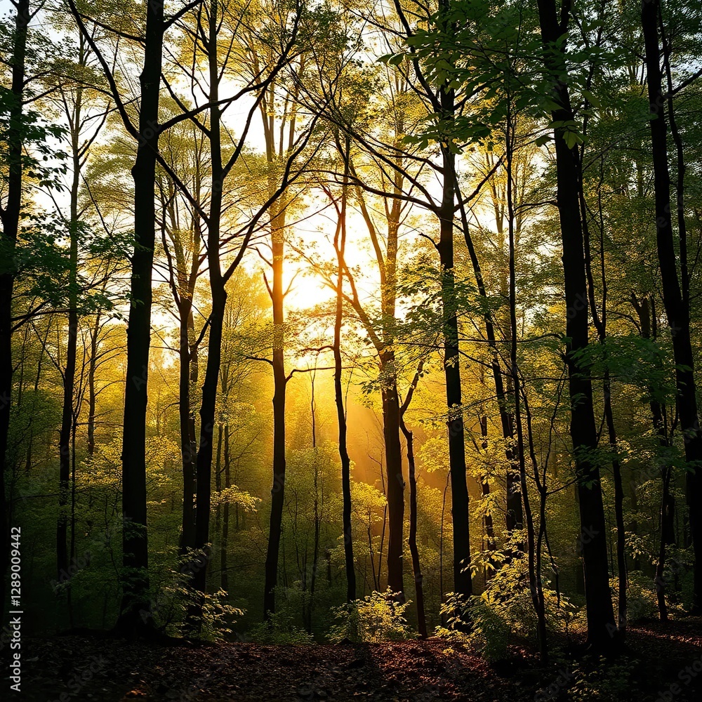 Fototapeta premium A tranquil scene of a forest with golden light, trees, foliage, forest