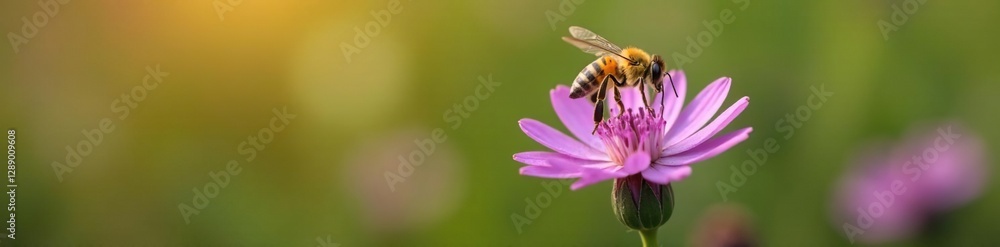A delicate golden bee hovering around a solitary purple wildflower, colors, golden bee A delicate golden bee hovering around a solitary purple wildflower, colors, golden bee