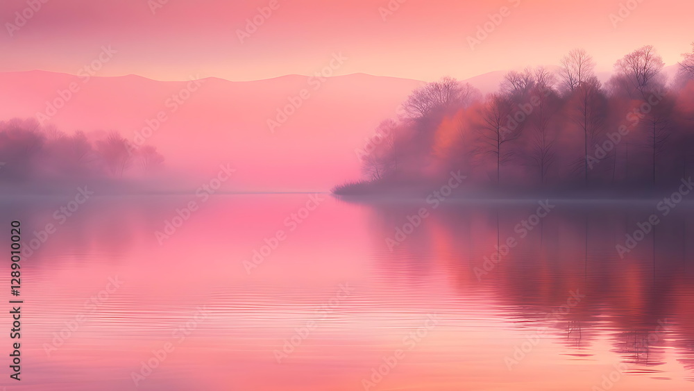 Fototapeta premium Serene pink sunset over a calm lake with misty reflections and autumn trees.