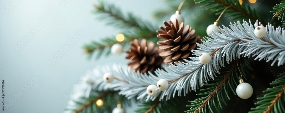 Silver garland wrapped around a tree branch with white berries and pinecones, white, pinecone, foliage Silver garland wrapped around a tree branch with white berries and pinecones, white, pinecone, foliage