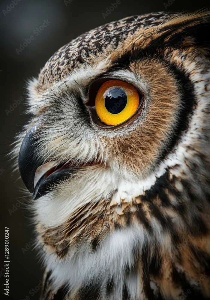 Closeup of an owls profile. Sharp focus on its bright yellow eye and detailed feathers. Dark background enhances the birds features.