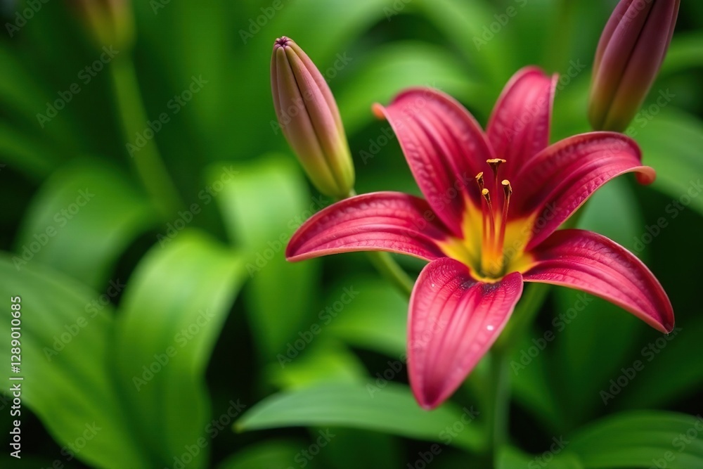 Delicate star-shaped blooms with maroon lily petals Nettie s Pride unfold in a lush green garden, maroon, star shape, garden