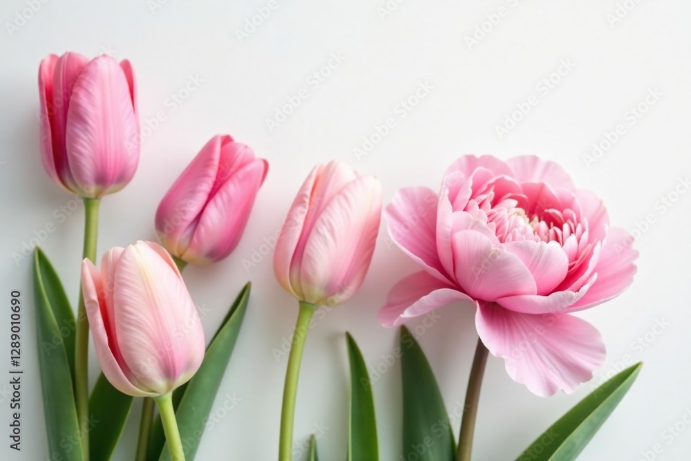 Delicate tulip and peony blooms in soft pastel shades against a white background, organic, peonies, bloom Delicate tulip and peony blooms in soft pastel shades against a white background, organic, peonies, bloom
