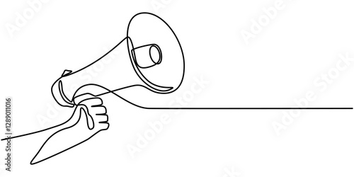 Line art megaphone announcement, one continuous single line drawing of hand hold a speaker megaphone isolated, Megaphone Continuous Line Icon, Megaphone Web Banner with Continuous Line Icon, Loudspeak