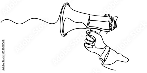 Line art megaphone announcement, one continuous single line drawing of hand hold a speaker megaphone isolated, Megaphone Continuous Line Icon, Megaphone Web Banner with Continuous Line Icon, Loudspeak