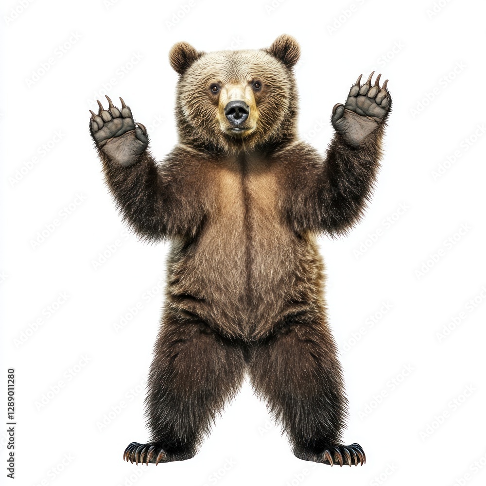 Obraz premium Grizzly Bear Standing, Hands Raised, White Background