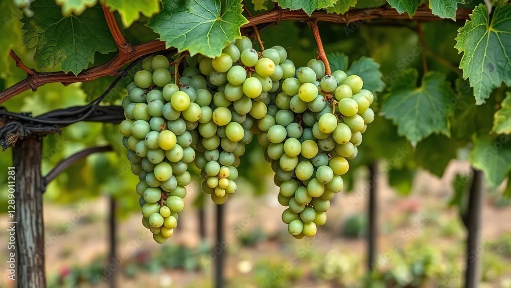 A vine with green grapes hanging from its stems, garden, vine, stem A vine with green grapes hanging from its stems, garden, vine, stem