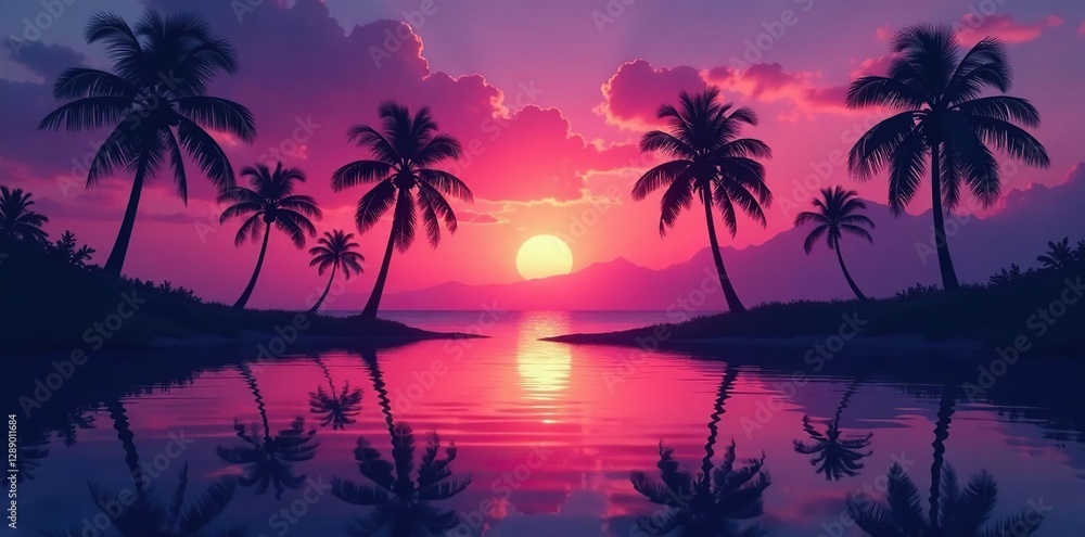 Silhouetted coconut palm trees reflected in calm water at twilight, twilight, palms Silhouetted coconut palm trees reflected in calm water at twilight, twilight, palms