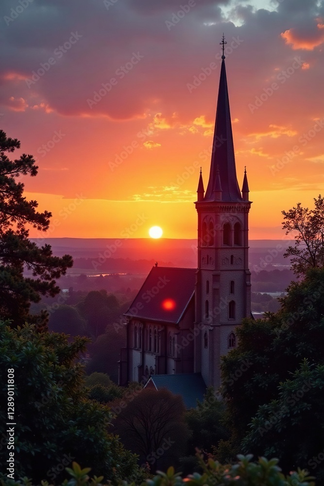 Obraz premium Sunset illumination on the church tower and surroundings, perspective, Eilenburg, sunrise