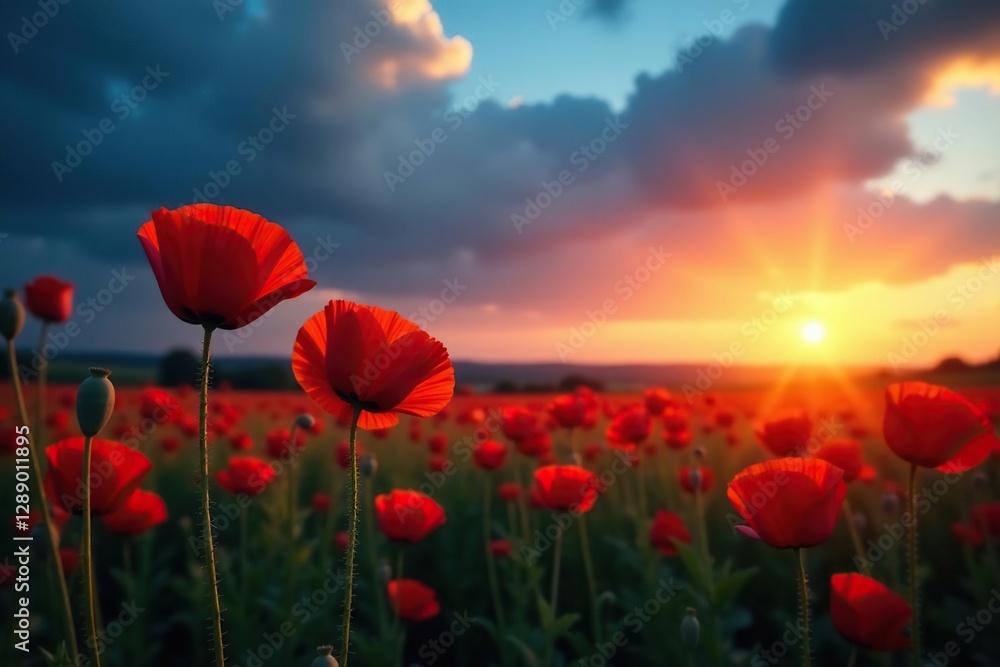 Fototapeta premium Sunny red poppies against a deep blue and darkening sky at dusk, flower, sky, nature