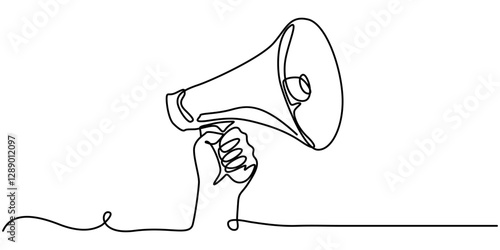 Line art megaphone announcement, one continuous single line drawing of hand hold a speaker megaphone isolated, Megaphone Continuous Line Icon, Megaphone Web Banner with Continuous Line Icon, Loudspeak