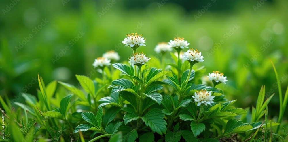 Low-growing shrub with silvery-green leaves and small white flowers, cinquefoil, wildflowers, greenery Low-growing shrub with silvery-green leaves and small white flowers, cinquefoil, wildflowers, greenery