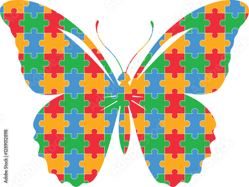 Isolated puzzle vector Butterfly background for world autism awareness day, heart, ribbon icon design template set. World autism day colorful love frame design bundle