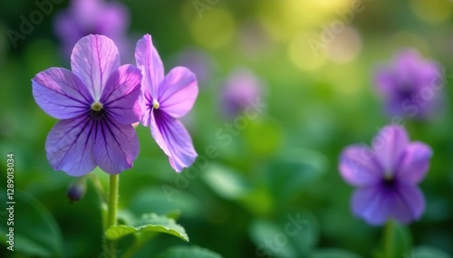 Delicate violet flowers with intricate purple petals and leaves in a lush garden, nature, greens, garden