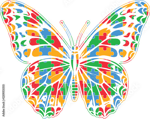 Isolated puzzle vector Butterfly background for world autism awareness day, heart, ribbon icon design template set. World autism day colorful love frame design bundle