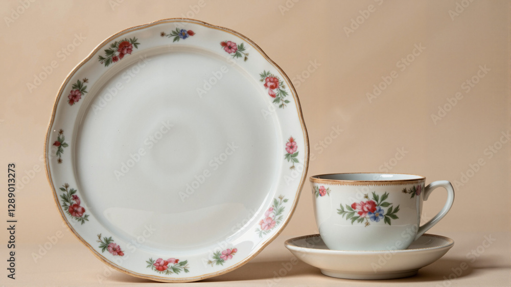 Elegant ceramic plate and cup with floral design, cultural craftsmanship Elegant ceramic plate and cup with floral design, cultural craftsmanship