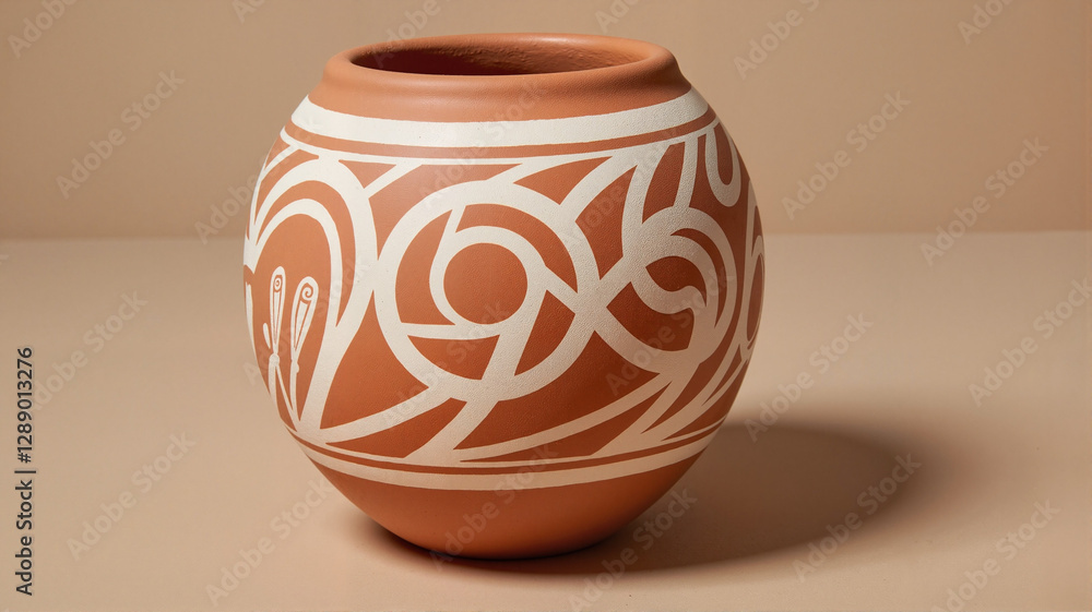 Intricate pottery with ethnic motifs on neutral background, cultural artistry Intricate pottery with ethnic motifs on neutral background, cultural artistry