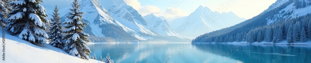 Snowy mountainside with tall pine trees and frozen lake, tree, lake, icy Snowy mountainside with tall pine trees and frozen lake, tree, lake, icy