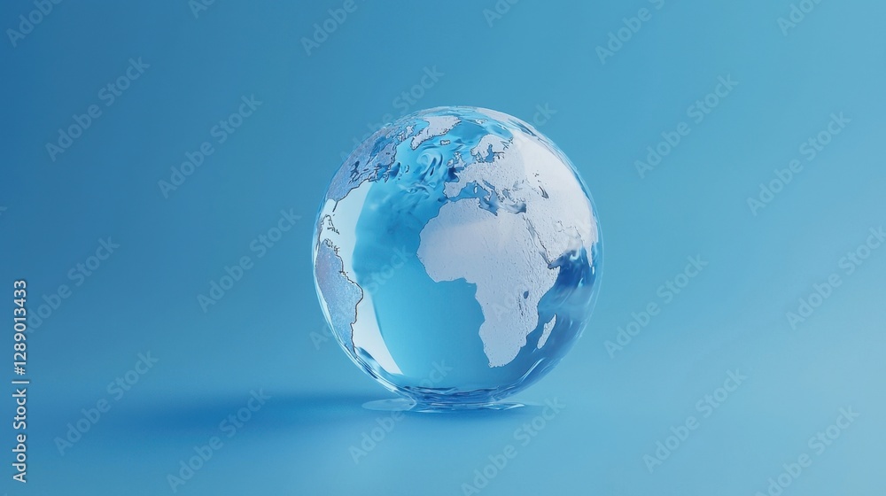 A crystal-clear water droplet forming a globe, symbolizing the importance of water conservation for World Water Day, with a serene blue background A crystal-clear water droplet forming a globe, symbolizing the importance of water conservation for World Water Day, with a serene blue background
