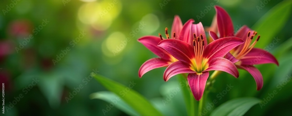 Delicate star-shaped blooms with maroon lily petals Nettie s Pride unfold in a lush green garden, petals, garden