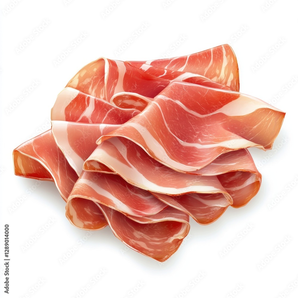 Sliced cured ham, top view, white background Sliced cured ham, top view, white background