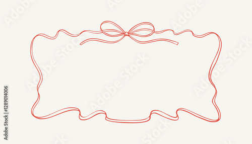 Horizontal rectangle bow ribbon frame. Hand drawn cute line doodle border. Vintage wedding festive decorative element. Trendy coquette girly style. Whimsical wavy minimalist drawing