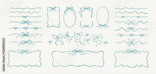 Set of bow ribbon blue whimsical bows, rectangle and oval ribbon wavy frames, dividers. La dolce vita Italian style. French patisserie menu decoration. Wedding invitation design elements