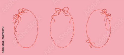 Set of oval elegant bow ribbon frames. Coquettish hand drawn doodle line art illustration. French style. Italian la dolce vita design element. Whimsical wavy border drawing. Wedding invitation