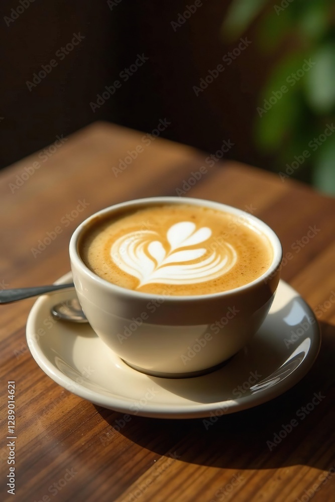 A delicate latte with creamy foam on a wooden table, beige, ambient, rustic A delicate latte with creamy foam on a wooden table, beige, ambient, rustic