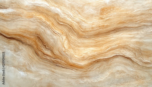 Abstract beige and light brown marble texture with wavy patterns and subtle glitter.  Close-up view of swirling stone