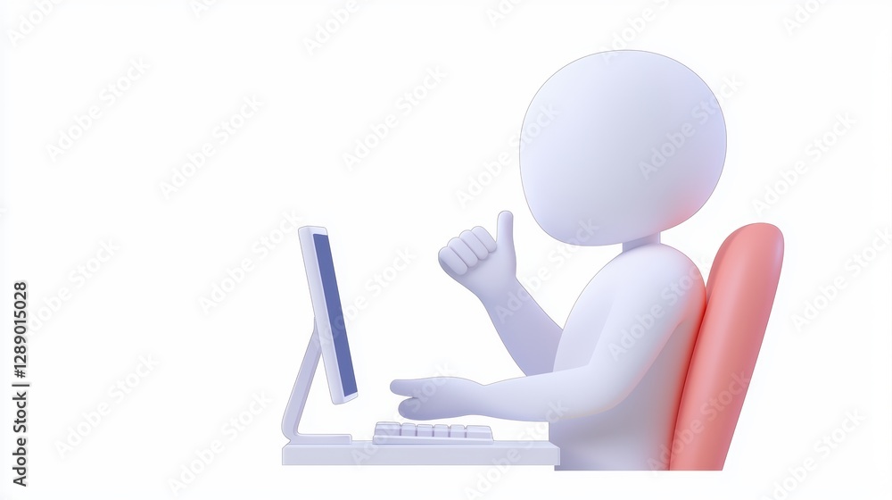 A 3D character sits at a desk, using a computer, and gives a thumbs-up, conveying positivity and engagement in a digital environment. A 3D character sits at a desk, using a computer, and gives a thumbs-up, conveying positivity and engagement in a digital environment.