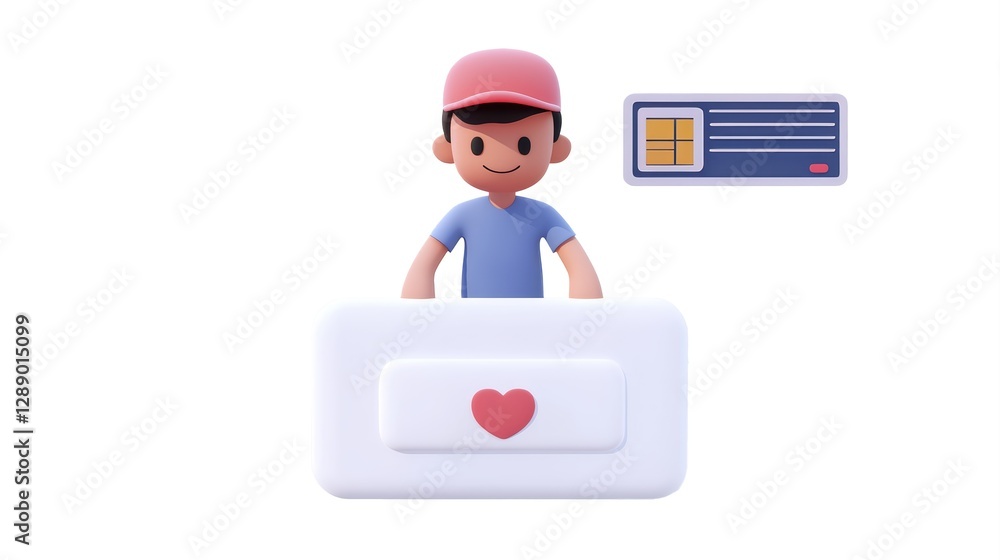 A cartoonish character with a cap stands behind a button featuring a heart, symbolizing love or support in a digital context. A cartoonish character with a cap stands behind a button featuring a heart, symbolizing love or support in a digital context.