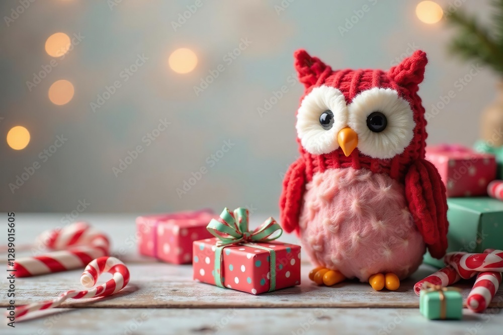 Obraz premium Candy cane owl on table with colorful wrapping paper and bows, presents, holiday, gift