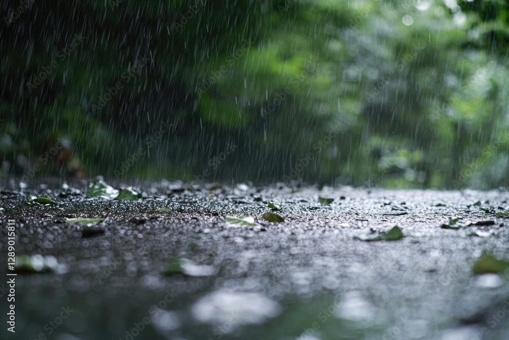 Fototapeta premium A wet road with leaves scattered on the ground, surrounded by trees