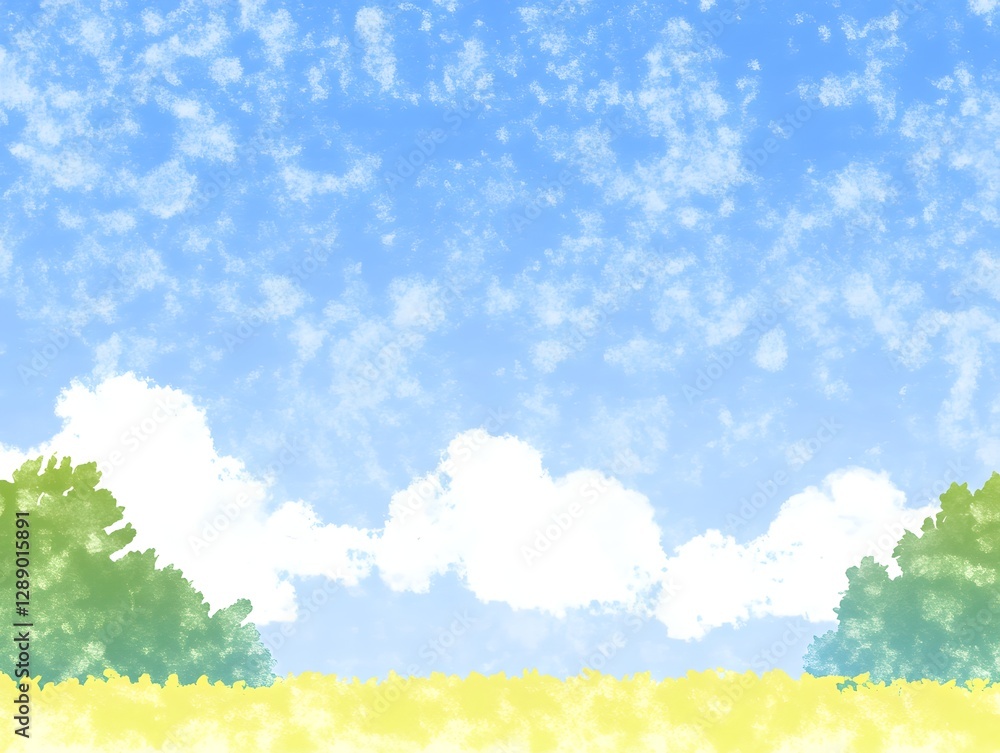 Vibrant landscape with blue sky, fluffy clouds, and green trees against a golden field Vibrant landscape with blue sky, fluffy clouds, and green trees against a golden field