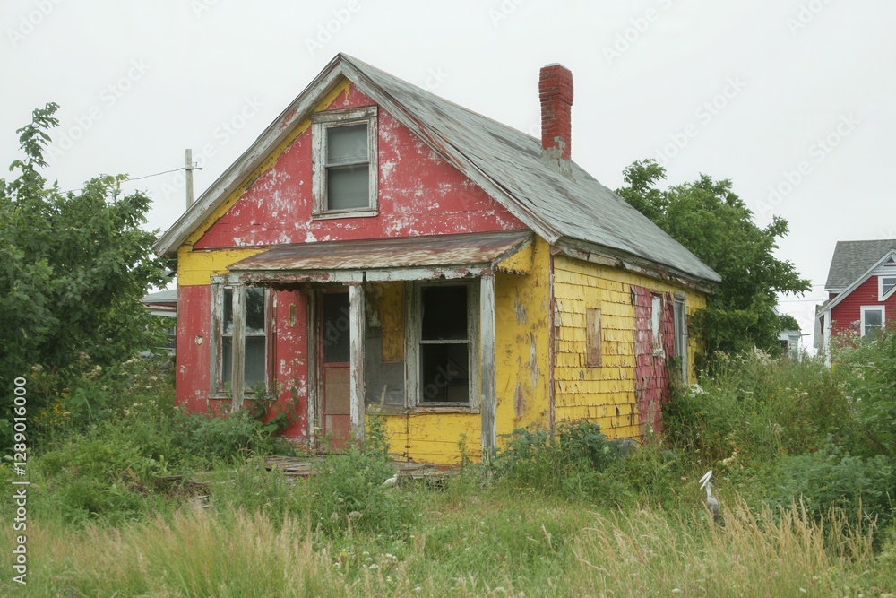 Old Colorful Dilapidated House With Overgrown Vegetation Old Colorful Dilapidated House With Overgrown Vegetation