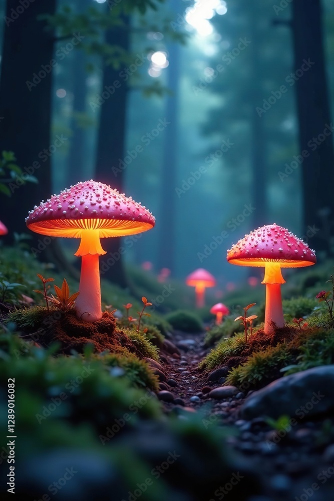 Fototapeta premium Silvery glow filters through forest of glowing mushrooms, glowing plants, soft light, ethereal trees
