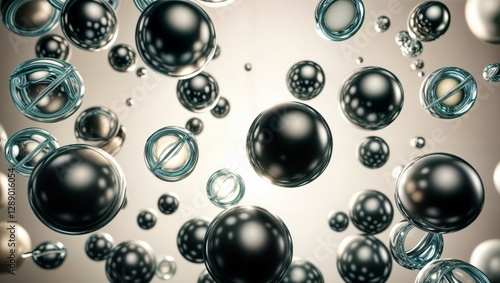 floating metallic and translucent spheres in abstract space with light distortions for use in futuristic design, sci fi visuals, or surreal backgrounds