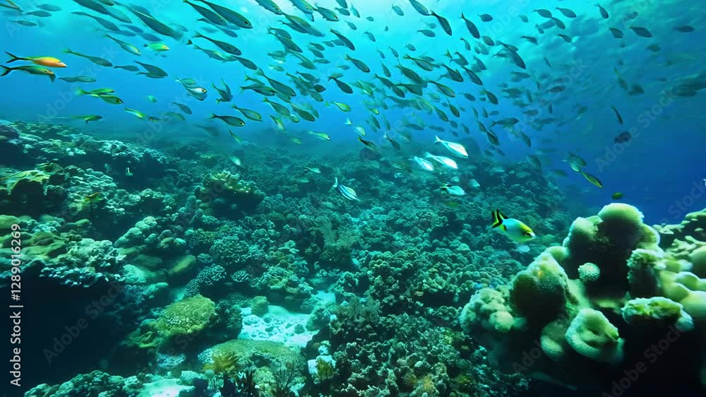 Low key lighting, zoom out video gradually revealing a vibrant coral reef emerging from the dimly lit depths of the ocean, creates a sense of discovery Low key lighting, zoom out video gradually revealing a vibrant coral reef emerging from the dimly lit depths of the ocean, creates a sense of discovery