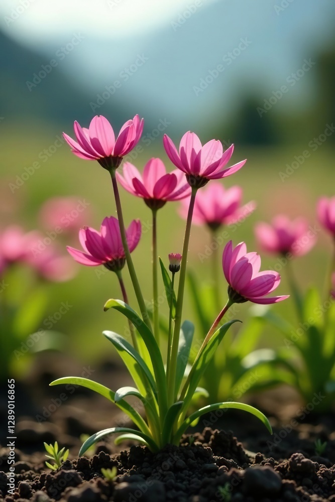 Fototapeta premium Pink flowers of Ononis Arvensis growing in the ground, pink flowers, wildflower