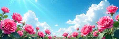Rosas frescas en un cielo azul claro con nubes blancas, blanco, luz