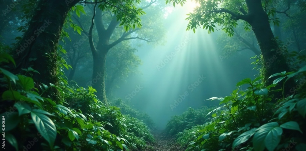Obraz premium Dense foliage sways in misty jungle atmosphere, abstract, mist
