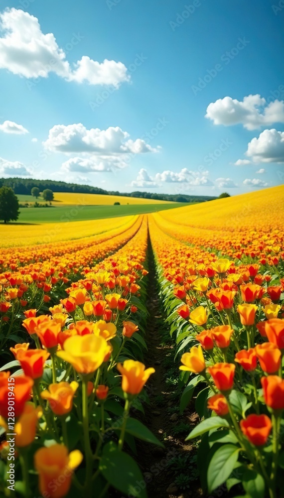Golden fields of paprika stretching towards the sky, green fields, farming Golden fields of paprika stretching towards the sky, green fields, farming