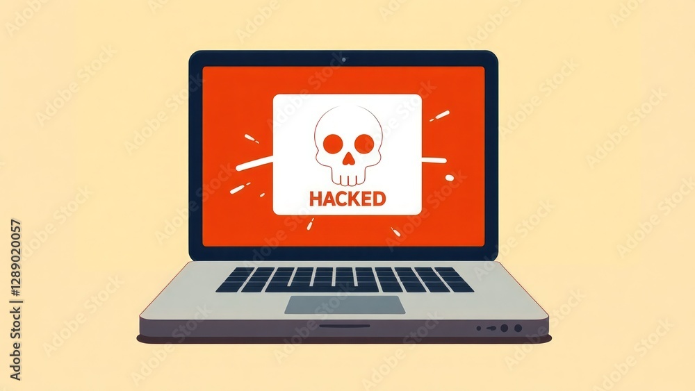 Computer laptop with skull icon and hacked message on screen. Creative security concept of hacking or system error by malware or virus. Emergency alert. Flat style cartoon vector graphic illustration. Computer laptop with skull icon and hacked message on screen. Creative security concept of hacking or system error by malware or virus. Emergency alert. Flat style cartoon vector graphic illustration.